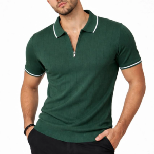 Erkek Yazlık Dokuma Triko Tişört Fermuarlı Polo Yaka Kısa Kol T-Shirt - Yeşil