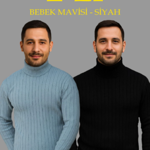 Erkek Fitilli Kazak Tam Boğazlı Balıkçı Yaka Triko 2'li Set Bebek Mavisi-Siyah