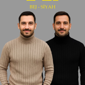 Erkek Fitilli Kazak Tam Boğazlı Balıkçı Yaka Triko 2'li Set Bej-Siyah