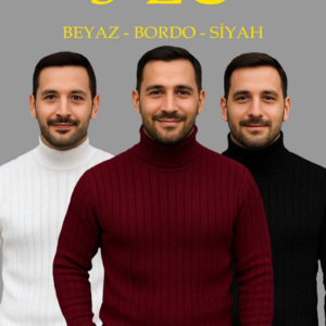 Erkek Fitilli Kazak Tam Boğazlı Balıkçı Yaka Triko 3'lü Set Beyaz-Bordo-Siyah