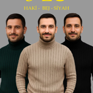 Erkek Fitilli Kazak Tam Boğazlı Balıkçı Yaka Triko 3'lü Set  Bej-Haki-Siyah