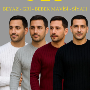 Erkek Fitilli Triko Bisiklet Yaka Kalın Kazak 4'lü Set Beyaz-Bordo-Gri-Siyah