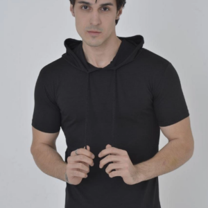 Kadın Kapüşonlu T-Shirt Kısa Kol Bisiklet Yaka Slimfit Tişört    - Siyah