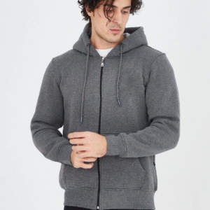 Erkek 3 İplik Pamuklu Fermuarlı Kapüşonlu Kanguru Cepli Hoodie Hırka Sweatshirt - Füme