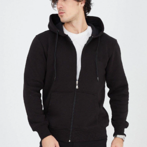Erkek 3 İplik Pamuklu Fermuarlı Kapüşonlu Kanguru Cepli Hoodie Hırka Sweatshirt - Siyah