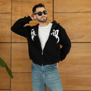 Erkek Kapüşonlu 3 İplik Şardonlu Önü Baskılı Fermuarlı Oversize Sweatshirt - Siyah