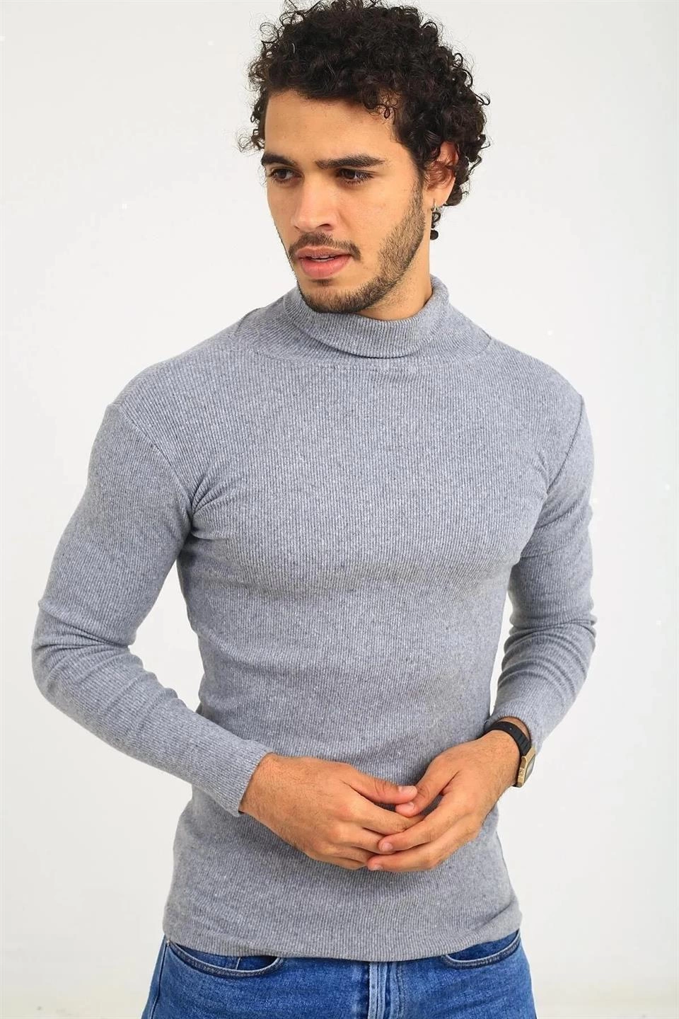 Erkek Kaşkorse Boğazlı Full Likralı Fitilli Body Kazak - Gri - Görsel 3