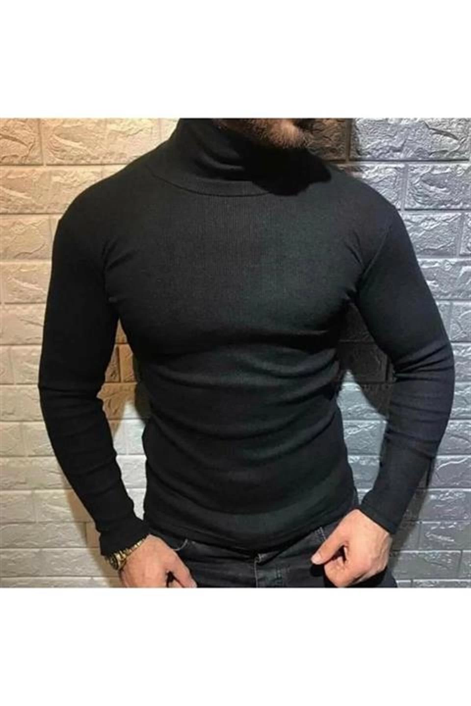 Erkek Kaşkorse Boğazlı Full Likralı Fitilli Body Kazak - Siyah - Görsel 2