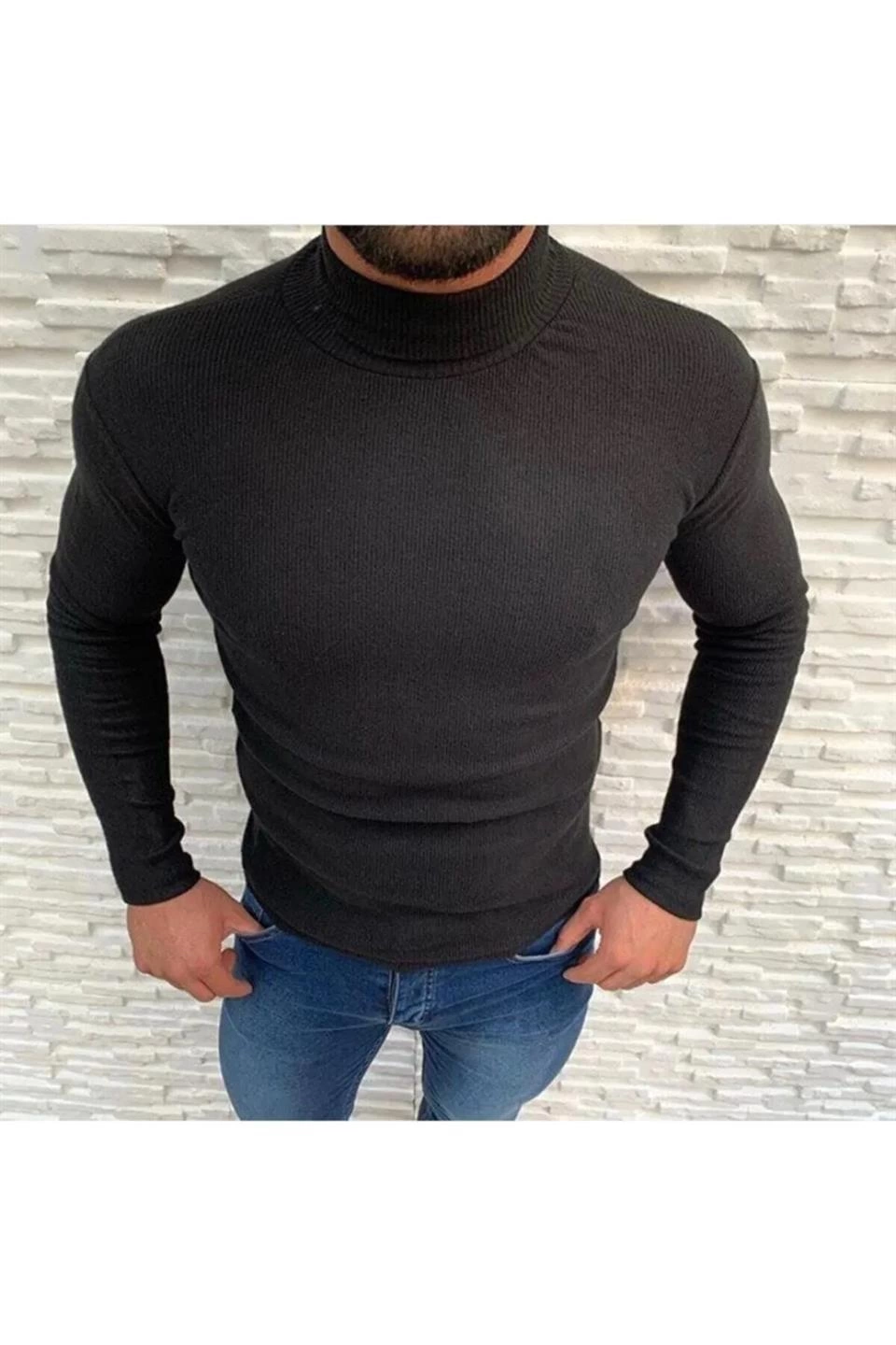 Erkek Kaşkorse Boğazlı Full Likralı Fitilli Body Kazak - Siyah - Görsel 3