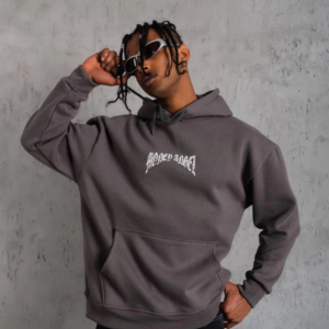 Erkek 3 İplik Pamuklu Baskılı Kapüşonlu Cepli Sweatshirt Hoodie - Füme