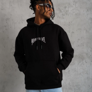Erkek 3 İplik Pamuklu Baskılı Kapüşonlu Cepli Sweatshirt Hoodie - Siyah