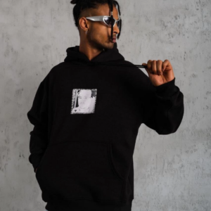 Erkek 3 İplik Pamuklu Kapüşonlu Baskılı Cepli Oversize Sweatshirt Hoodie - Siyah