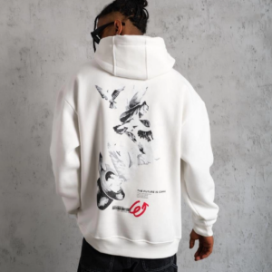 Erkek 3 İplik Pamuklu Kapüşonlu Baskılı Cepli Oversize Sweatshirt Hoodie - Beyaz