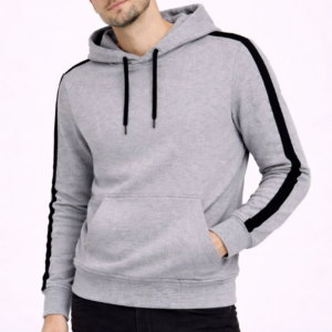 Erkek Şeritli Kapüşonlu Sweatshirt Oversize 3 iplik Pamuklu Hoodie - Gri
