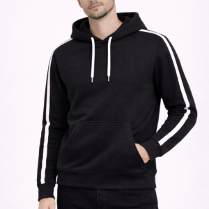 Erkek Şeritli Kapüşonlu Sweatshirt Oversize 3 iplik Pamuklu Hoodei - Siyah