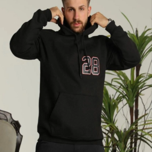Erkek 3 İplik Pamuklu Kapüşonlu Baskılı Cepli Oversize Sweatshirt Hoodie - Siyah