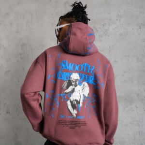 Erkek 3 İplik Pamuklu Kapüşonlu Baskılı Cepli Sweatshirt Hoodie - Gül Kurusu