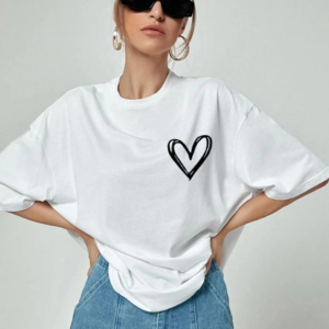 Kadın Tişört Bisiklet Yaka Baskılı Oversize T-Shirt - Beyaz