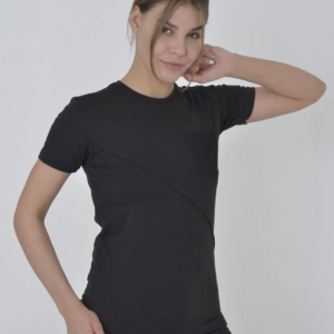 Kadın File Cepli T-Shirt Kısa Kol Bisiklet Yaka Slimfit Tişört  - Siyah