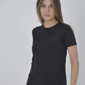 Kadın Gögüs Fileli T-Shirt Kısa Kol Bisiklet Yaka Slimfit Tişört   - Siyah