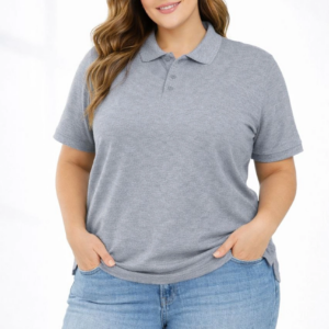 Kadın Battal Beden Tişört Polo Yaka Pike Kumaş Kısa Kol T-Shirt - Gri