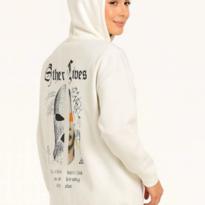 Kadın Kapüşonlu Kanguru Cepli Sweatshirt 3 İplik Pamuklu Baskılı Hoodie - Beyaz