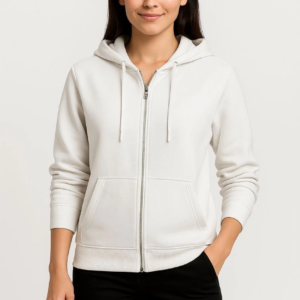 Kadın 3 İplik Kapüşonlu Tam Fermuarlı Kanguru Cepli Sweatshirt Hoodie - Beyaz