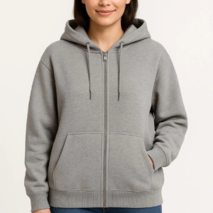 Kadın 3 İplik Pamuklu Kapüşonlu Tam Fermuarlı Kanguru Cepli Sweatshirt Hoodie - Gri