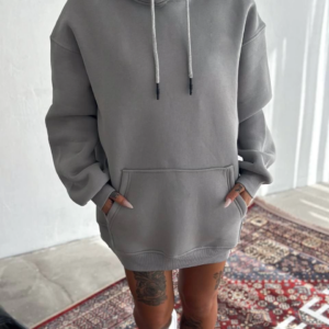 Kadın Kapüşonlu Kanguru Cepli 3 İplik Pamuklu Oversize Hoodie Sweatshirt -  Boyalı Gri