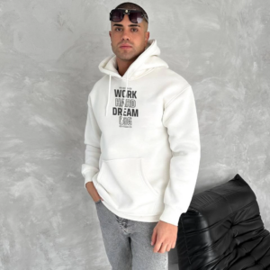 Erkek Kapüşonlu Kanguru Cepli Sweatshirt 3 İplik Pamuklu Baskılı Hoodie - Beyaz