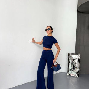 Kadın Osy Modal Yumuşak Kumaş Kısa Kollu Crop Alt ispanyol Paça Pantolon ikili Takım - Lacivert