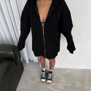 Kadın Tam Fermuarlı Cepli Kapüşonlu 3 iplik pamuklu hoodie Sweatshirt - Siyah