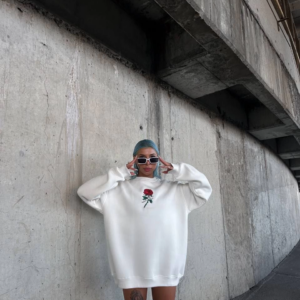 Kadın 3 iplik Pamuklu Bisiklet Yaka GÜL Baskılı SweatShirt - BeyazBeyaz