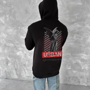 Erkek Kapüşonlu Kanguru Cepli Sweatshirt 3 İplik Pamuklu Baskılı Hoodie - Siyah