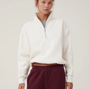 Kadın 3 İplik Pamuklu Oversize Yarım Fermuarlı Yakalı Basic Sweatshirt - Beyaz