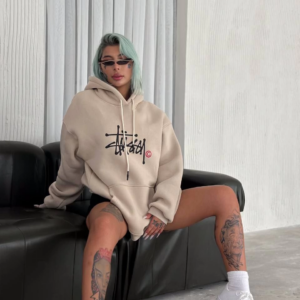 Kadın Oversize Kapüşonlu Cepli Baskılı 3 İplik Pamuklu Hoodie Sweatshirt - Bej