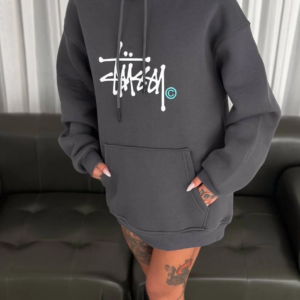 Kadın Oversize Kapüşonlu Cepli Baskılı 3 İplik Pamuklu Hoodie Sweatshirt - Füme