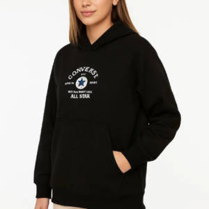 Kadın Kapüşonlu Kanguru Cepli Sweatshirt 3 İplik Pamuklu Baskılı Hoodie - Siyah