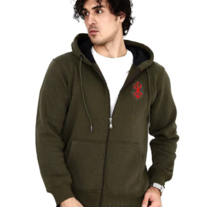 Erkek 3 İplik Pamuklu Kapüşonlu Tam Fermuarlı Cepli Hoodie Sweatshirt - Haki