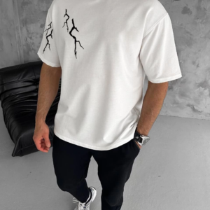 Erkek Kısa Kol Tişört Bisiklet Yaka Yıldırım Baskılı Oversize T-Shirt - Beyaz