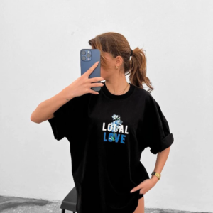 Kadın Tişort Bisiklet Yaka Baskılı Kısa kol Oversize T-Shirt - Siyah