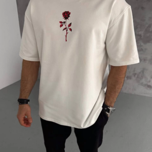 Erkek Kısa Kol Tişört Bisiklet Yaka GÜL Baskılı Oversize T-Shirt - Beyaz