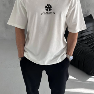 Erkek Kısa Kol Tişört Bisiklet Yaka YONCA Baskılı Oversize T-Shirt -  Beyaz
