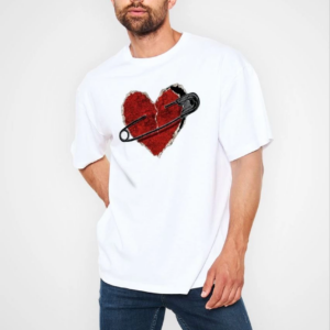 Erkek Kısa Kol Tişört Bisiklet Yaka KALP Baskılı Oversize T-Shirt - Beyaz