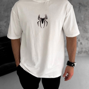 Erkek Kısa Kol Tişört Bisiklet Yaka ÖRÜMCEK Baskılı Oversize T-Shirt - Beyaz
