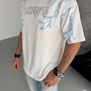 Erkek Bisiklet Yaka Tişört Yıldırım Şimşek Baskılı Kısa Kol T-Shirt - Beyaz