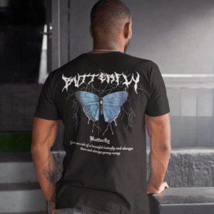 Erkek Tişort  Bisiklet Yaka Kelebek Baskılı Kısa kol T-Shirt - Siyah