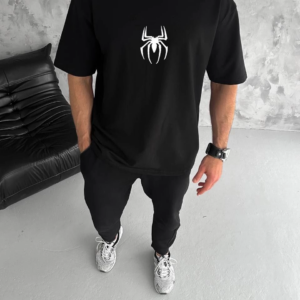 Erkek Kısa Kol Tişört Bisiklet Yaka ÖRÜMCEK Baskılı Oversize T-Shirt - Siyah