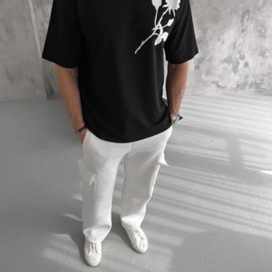 Erkek Kısa Kol Tişört Bisiklet Yaka GÜL Baskılı Oversize T-Shirt - Siyah