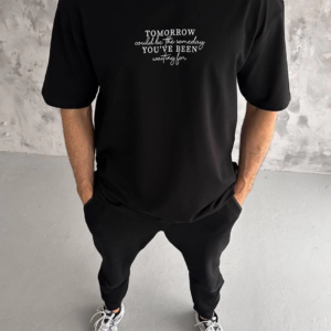 Erkek Kısa Kol Yazlık Tişört Bisiklet Yaka Baskılı Oversize T-Shirt - Siyah